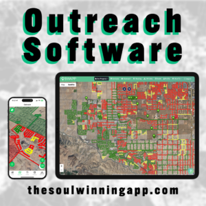 Smartphone and tablet displaying a map with marked areas, titled "Outreach Software" and website "thesoulwinningapp.com" beneath. Smartphone and tablet displaying a map with marked areas, titled "Outreach Software" and website "thesoulwinningapp.com" beneath.