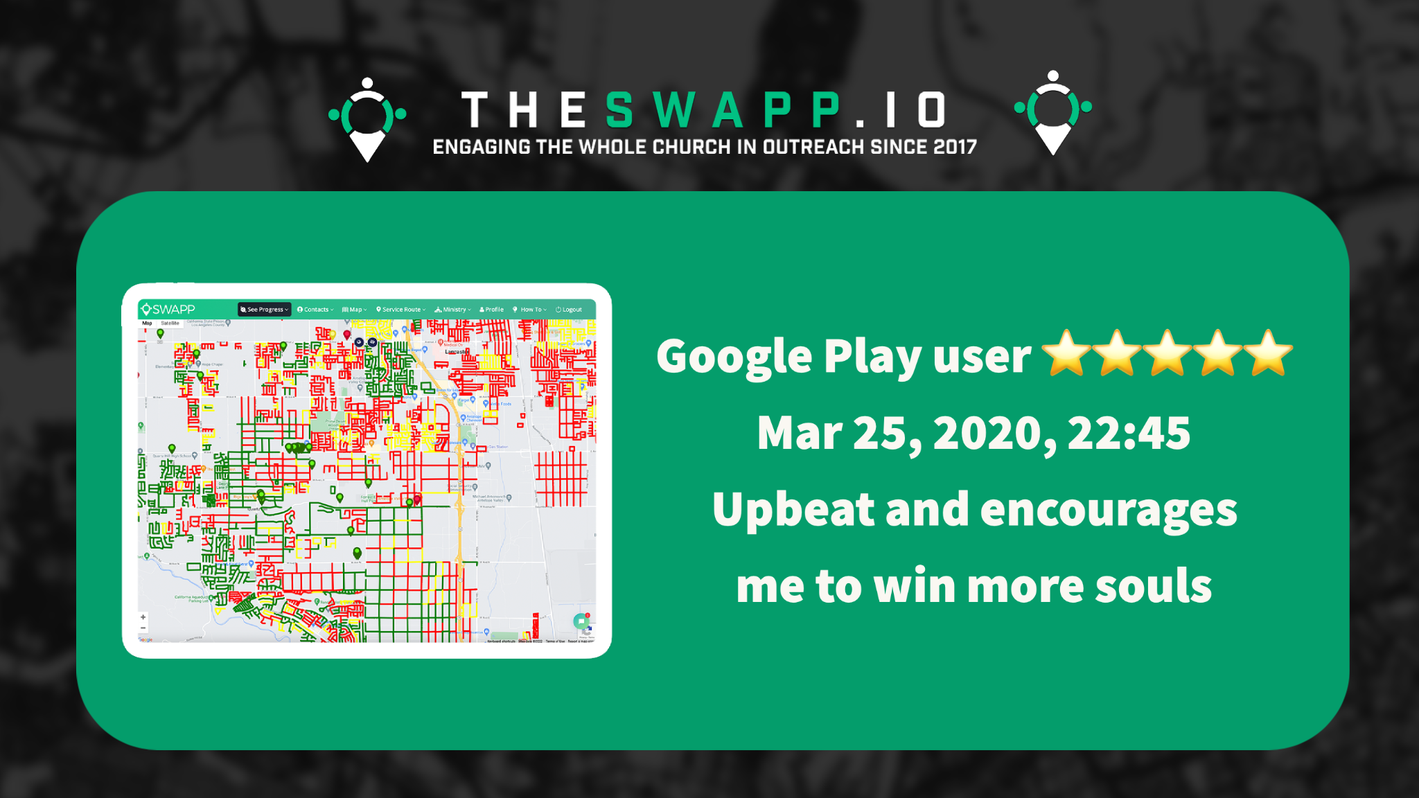 IOS Review 23-1 Promotional graphic for TheSwapp.io showing a mobile app screenshot with a positive user review and a five-star rating.