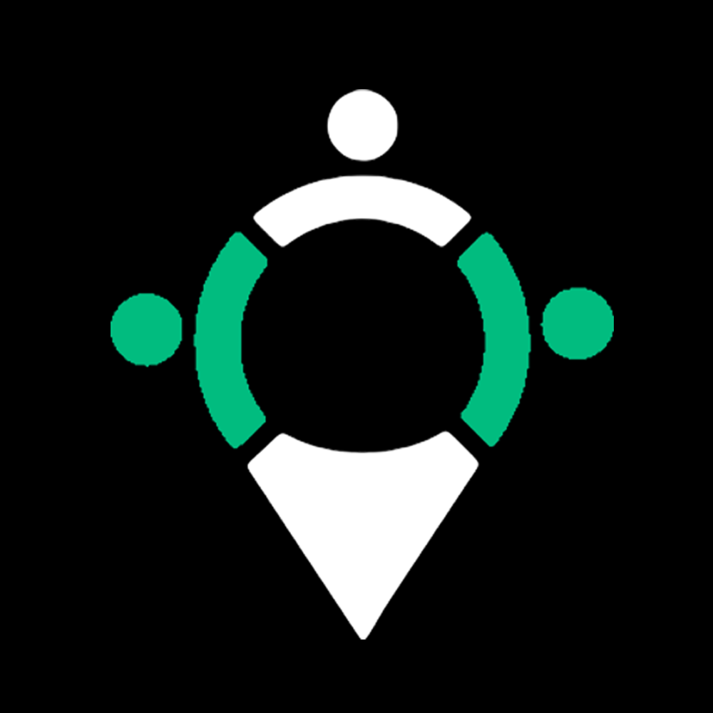 Geometric logo with a central black circle, surrounded by a U-shaped green and white arc, and two smaller green circles on either side, resembling a map pin or group of people.