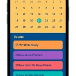 A mobile screen displays a calendar for May 2025 with highlighted events: Bible Study, Music Practice, Cinco De Mayo Parade, and Sunday Worship.