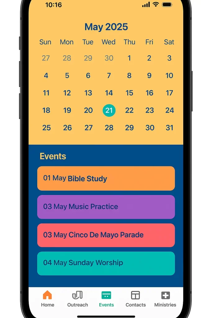 A mobile screen displays a calendar for May 2025 with highlighted events: Bible Study, Music Practice, Cinco De Mayo Parade, and Sunday Worship. A mobile screen displays a calendar for May 2025 with highlighted events: Bible Study, Music Practice, Cinco De Mayo Parade, and Sunday Worship.