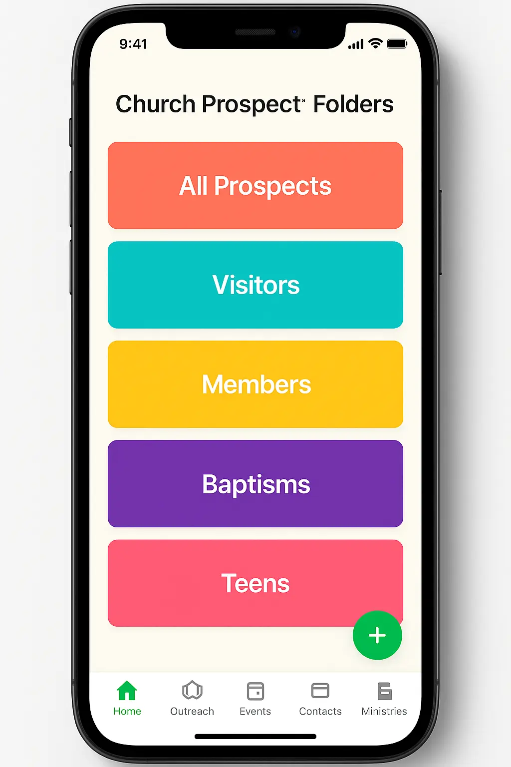 A smartphone screen displays a church prospect app with folders labeled All Prospects, Visitors, Members, Baptisms, and Teens in colored buttons. Navigation icons are at the bottom. A smartphone screen displays a church prospect app with folders labeled All Prospects, Visitors, Members, Baptisms, and Teens in colored buttons. Navigation icons are at the bottom.