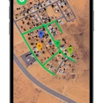 A smartphone screen displays a map of a residential area with green boundaries and three colored location pins. The "Check In" button is visible at the bottom right.