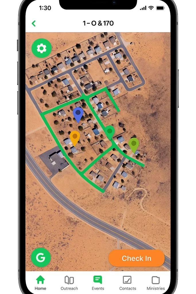 A smartphone screen displays a map of a residential area with green boundaries and three colored location pins. The "Check In" button is visible at the bottom right. A smartphone screen displays a map of a residential area with green boundaries and three colored location pins. The "Check In" button is visible at the bottom right.