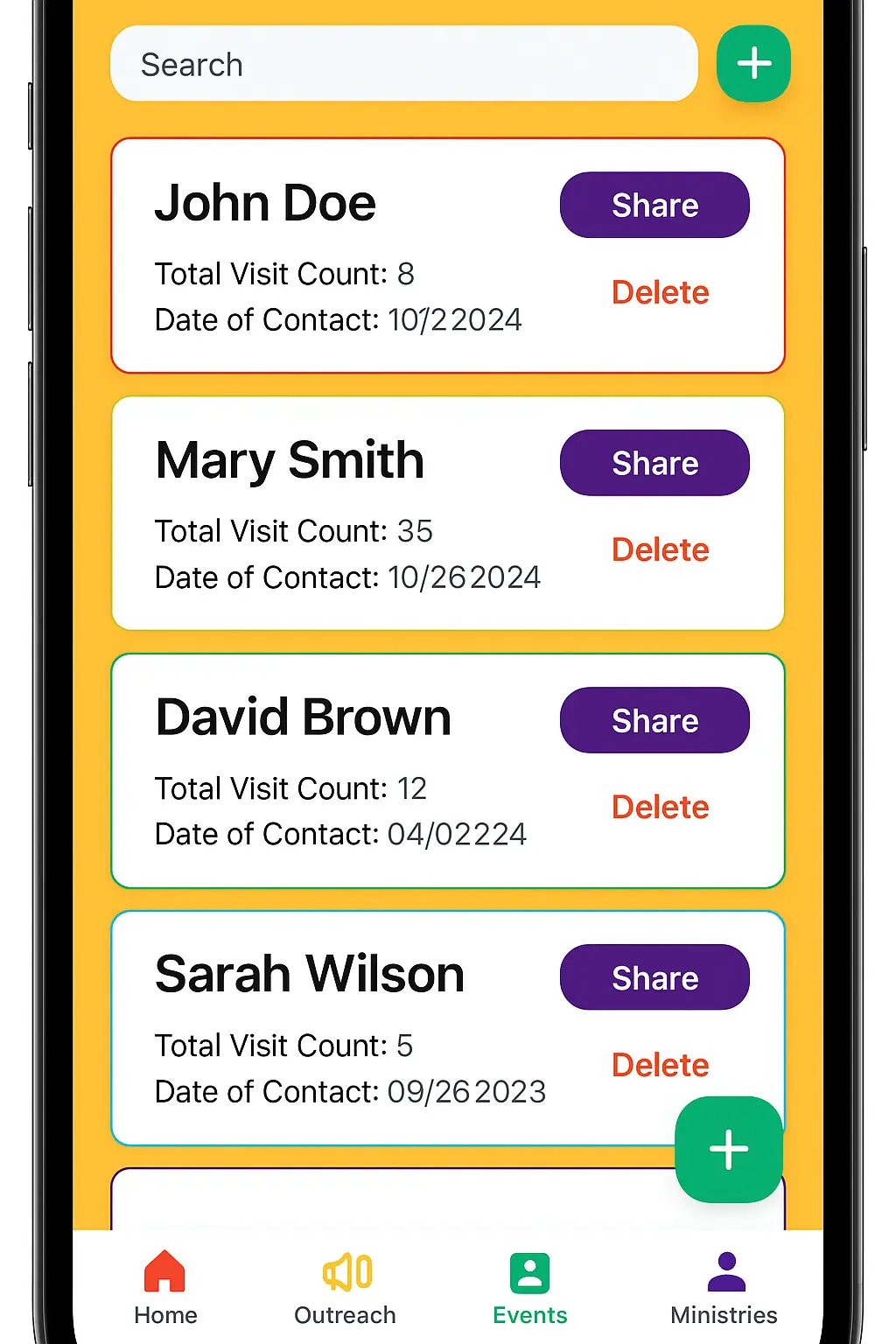 A mobile app screen displays a list of contacts with names, visit counts, dates of contact, and options to share or delete each entry. Navigation icons are shown at the bottom.