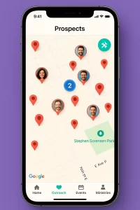 A smartphone screen displays a map titled “Prospects” with location pins, some showing profile photos, and a highlighted cluster marked with the number 2 near Stephen Sorensen Park. A smartphone screen displays a map titled “Prospects” with location pins, some showing profile photos, and a highlighted cluster marked with the number 2 near Stephen Sorensen Park.