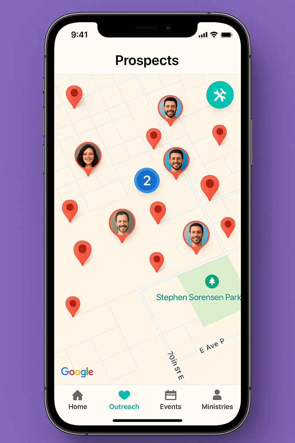 A smartphone screen displays a map titled “Prospects” with location pins, some showing profile photos, and a highlighted cluster marked with the number 2 near Stephen Sorensen Park. A smartphone screen displays a map titled “Prospects” with location pins, some showing profile photos, and a highlighted cluster marked with the number 2 near Stephen Sorensen Park.