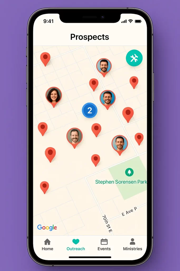 A smartphone screen displays a map titled “Prospects” with location pins, some showing profile photos, and a highlighted cluster marked with the number 2 near Stephen Sorensen Park. A smartphone screen displays a map titled “Prospects” with location pins, some showing profile photos, and a highlighted cluster marked with the number 2 near Stephen Sorensen Park.