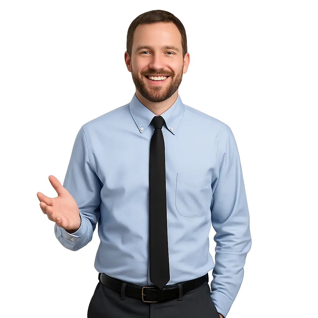 A man in a light blue shirt and black tie stands smiling with one hand raised, against a blurred brown and gray background. A man in a light blue shirt and black tie stands smiling with one hand raised, against a blurred brown and gray background.
